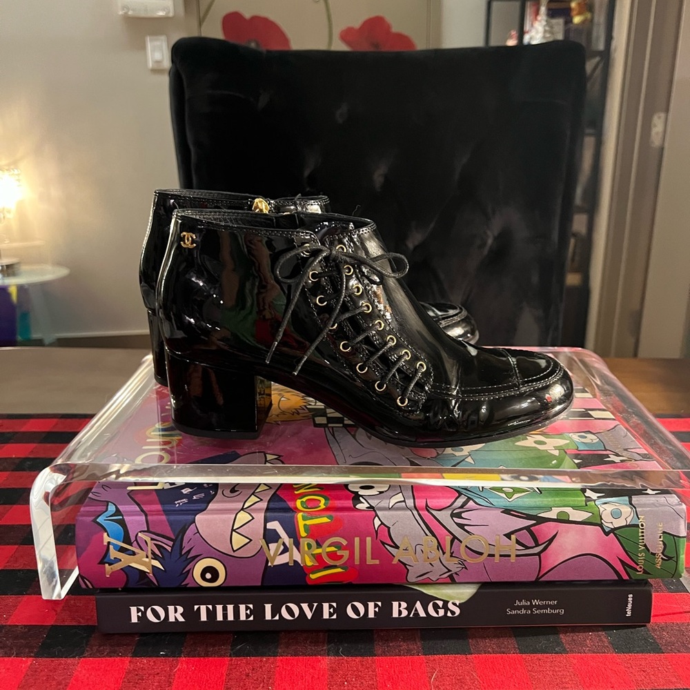 100% Authentic CHANEL Lace Ankle Booties with Gold HW in Black Patent Leather